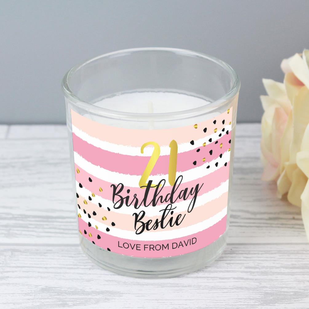 Personalised Birthday Gold and Pink Stripe Scented Jar Candle Extra Image 1